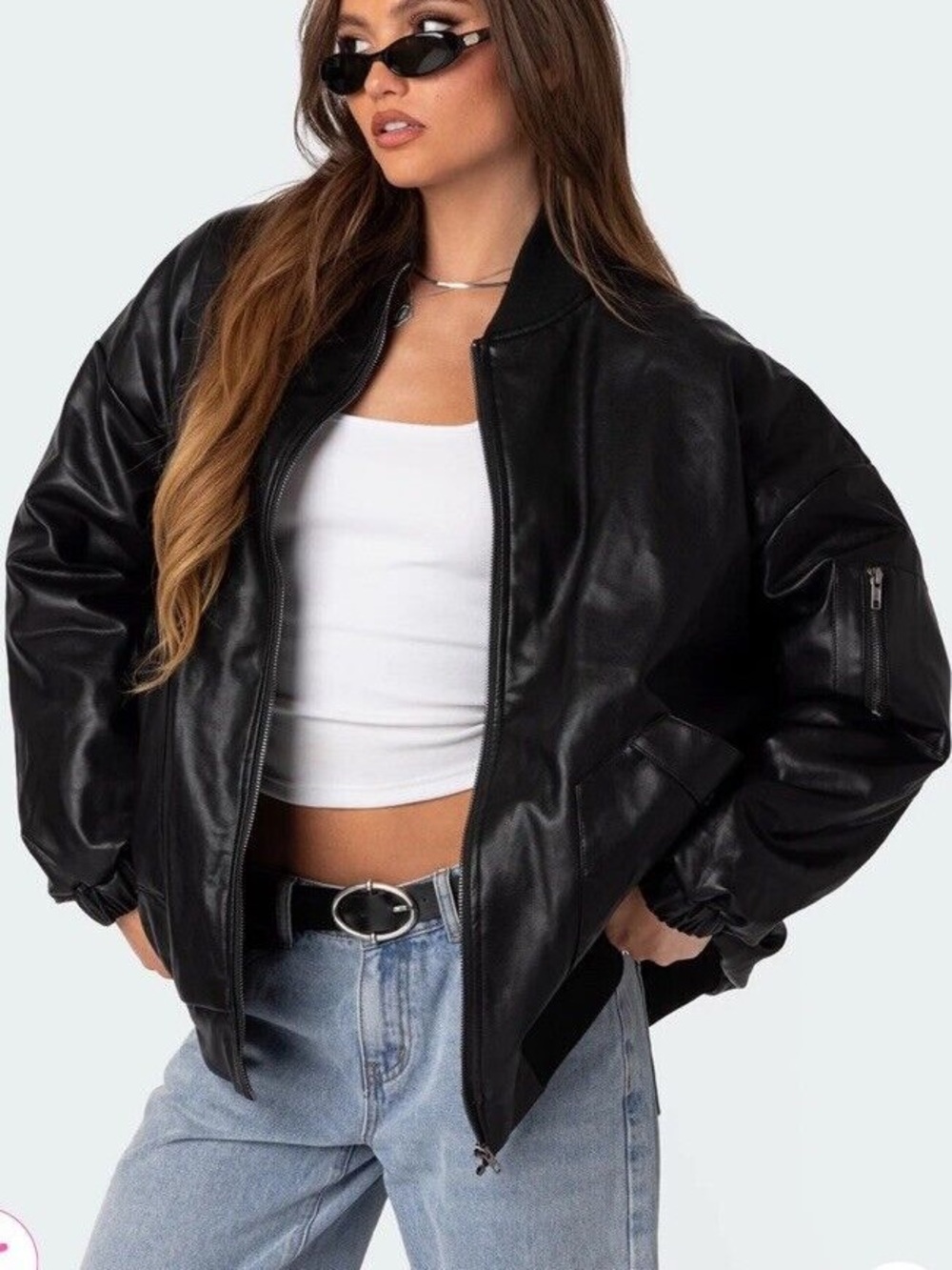 Edikted Black Oversized Faux Leather Bomber Jacket
